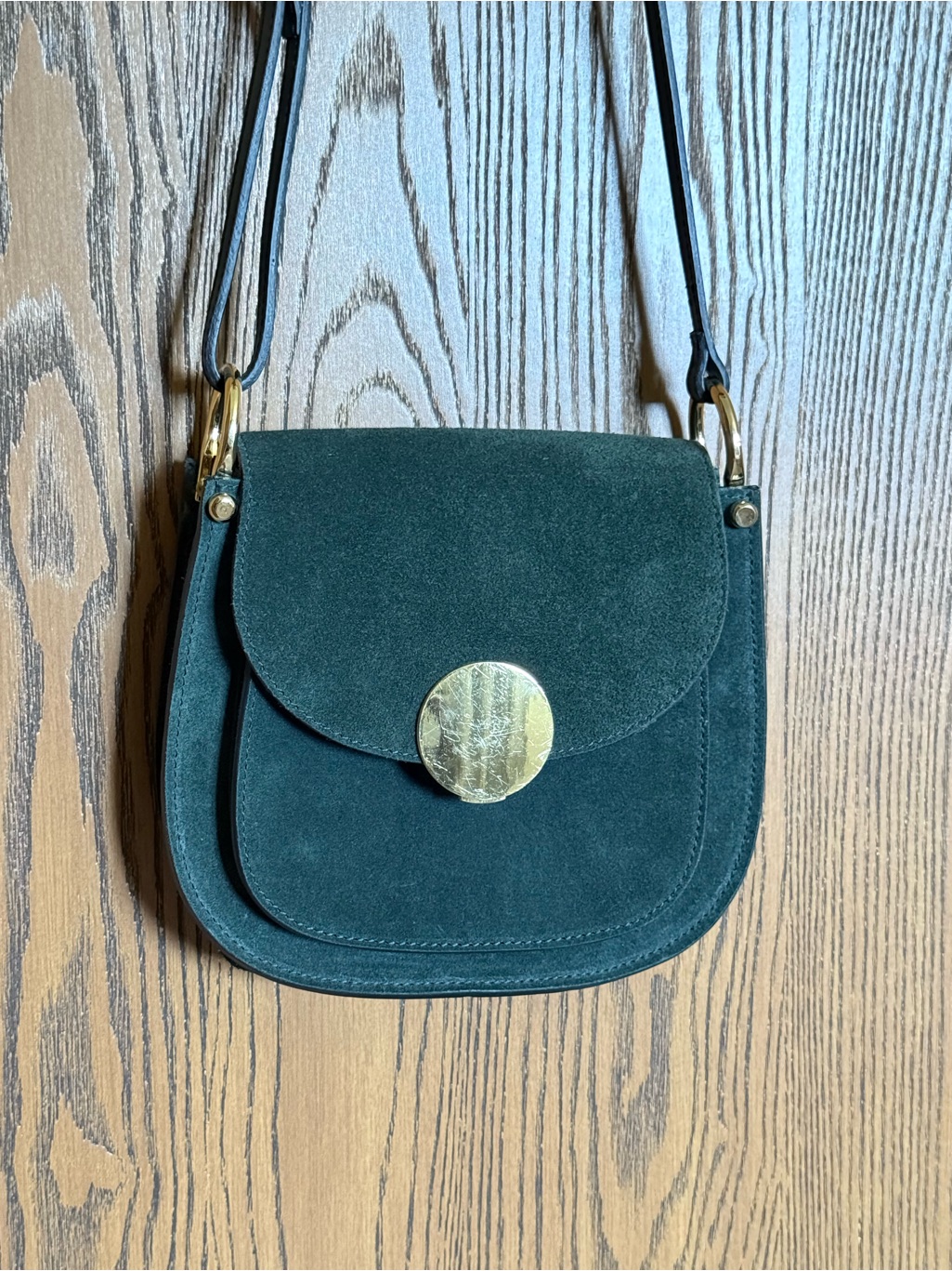 Dark Green Suede Crossbody Bag With Gold Disc Accent